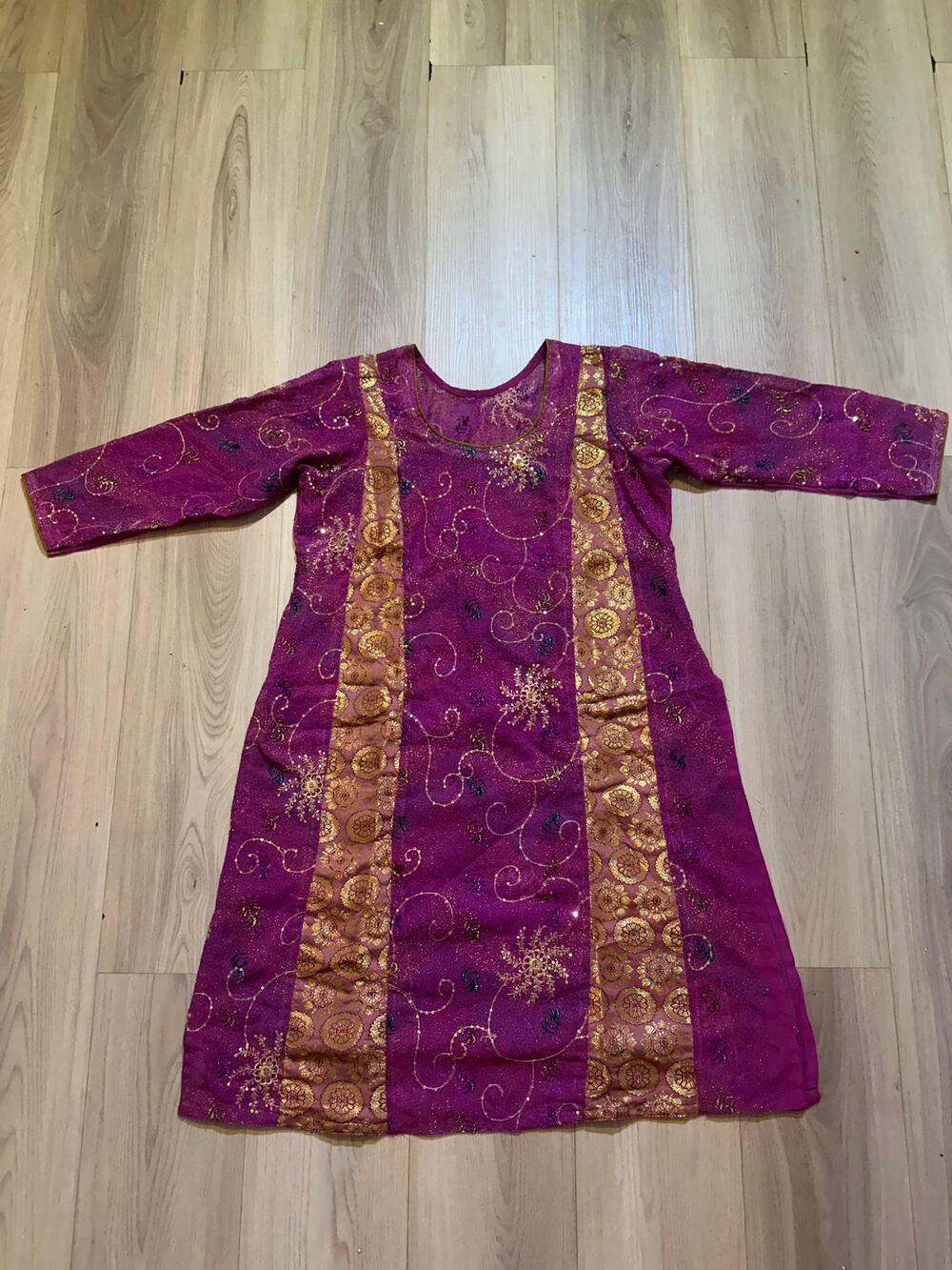 Pakistani Embroidered Magenta Kameez Gold Brocade Jamawar Kurta Dress M
